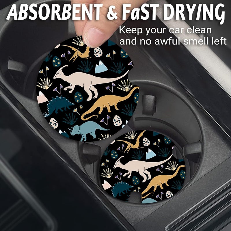 Yonlevres Dinosaur Car Coasters - Anti-Slip Rubber Cup Mat with Finger Notch - 2 Pack for Car Cup Holders - Cute Interior Accessories for Women & Men - Image 2